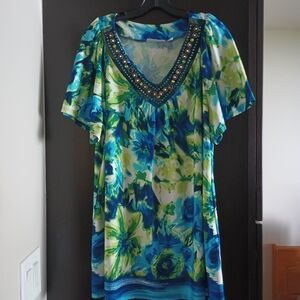 Floral V-Neck Top with Beaded Detail